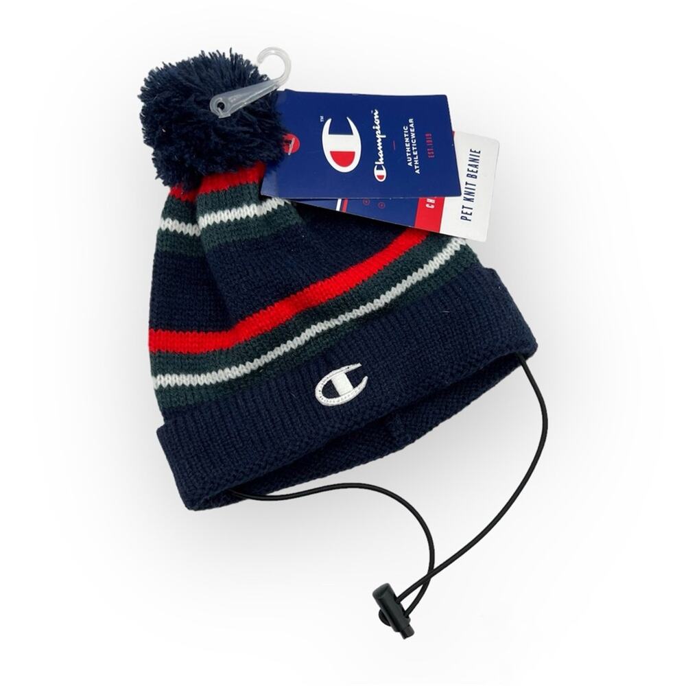 Champion Navy Green Red White Striped Pom-pom Beanie Hat Dog’s Size Large-XL